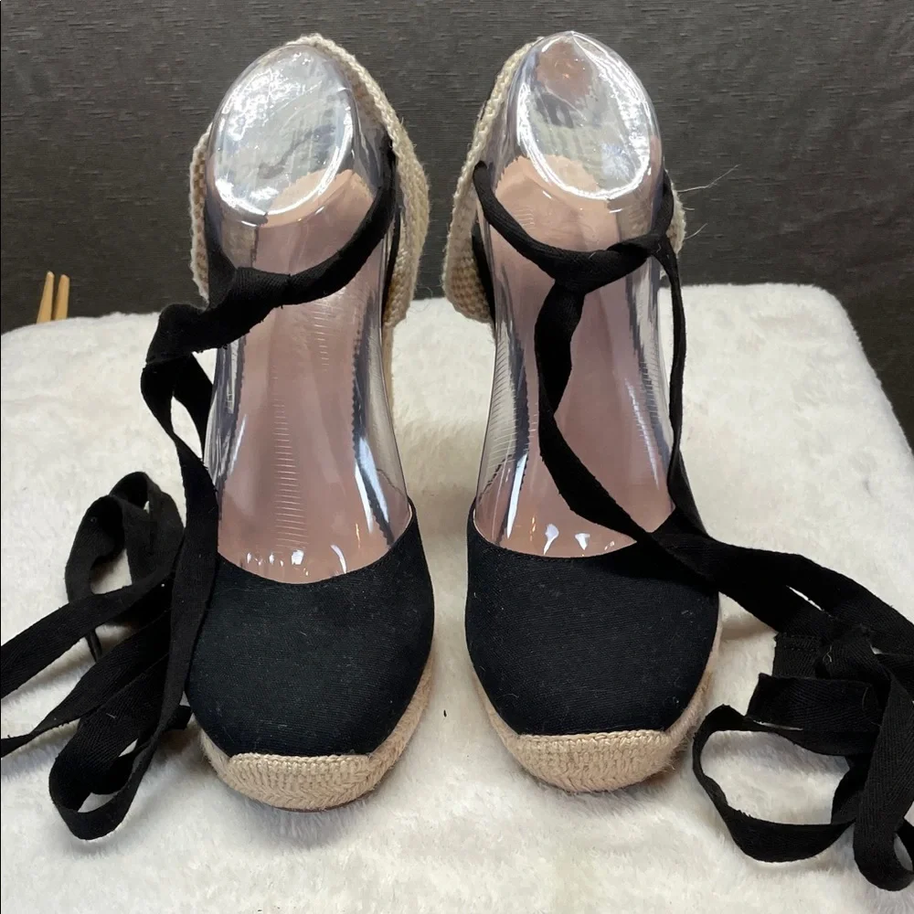 J. Crew‎ Black and Cream Espadrille Sandals with Ankle Wrap
